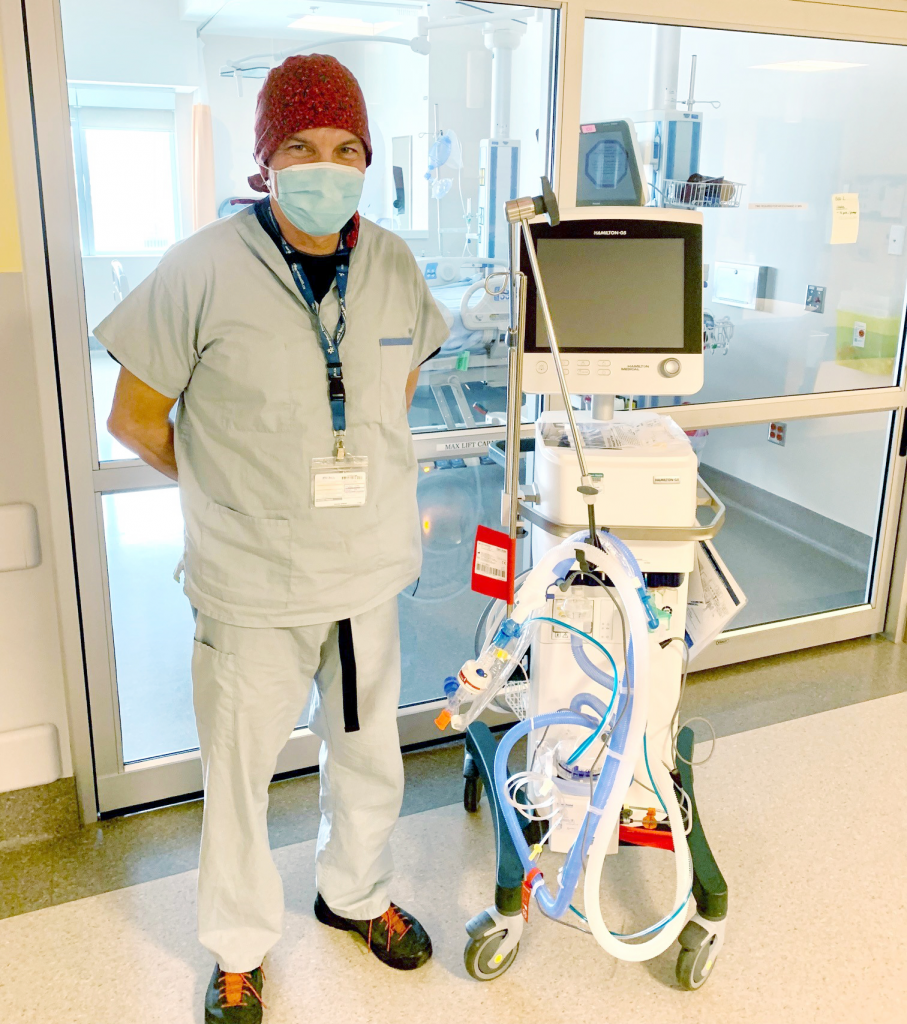 Fort St John Hospital ICU Nurse Mark Minuhin With TB Vets Funded Ventilator 907x1024 